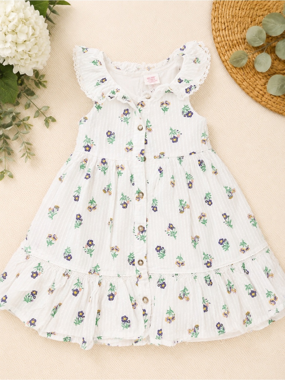 Shabby Chic White Sundress with Purple and Yellow Floral Print 4T